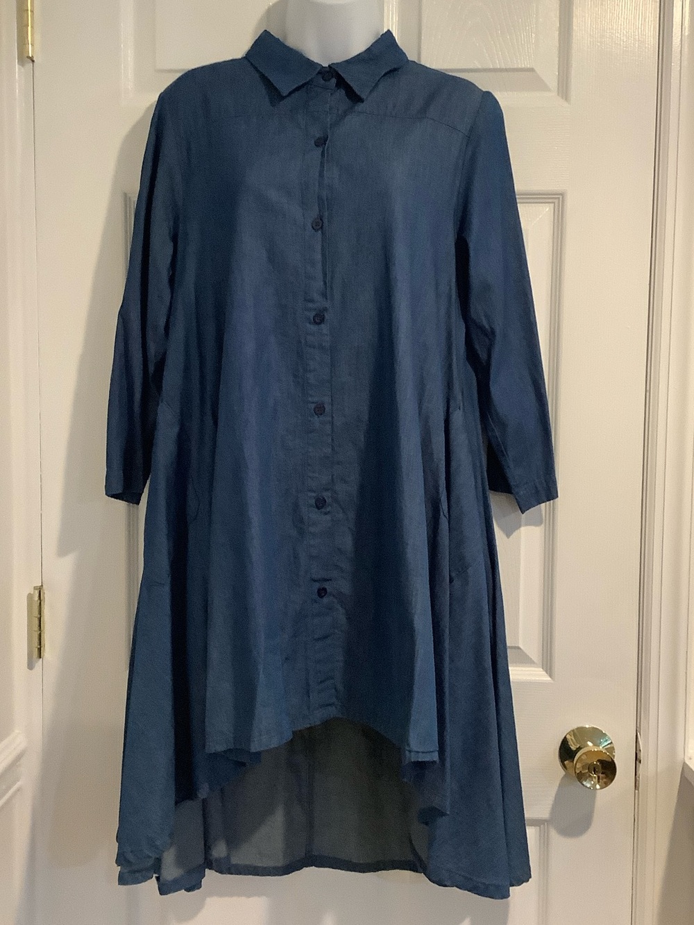 GRACIA Blue Chambray High/Low Button Down Lightweight Basic Fall Shirt Dress M